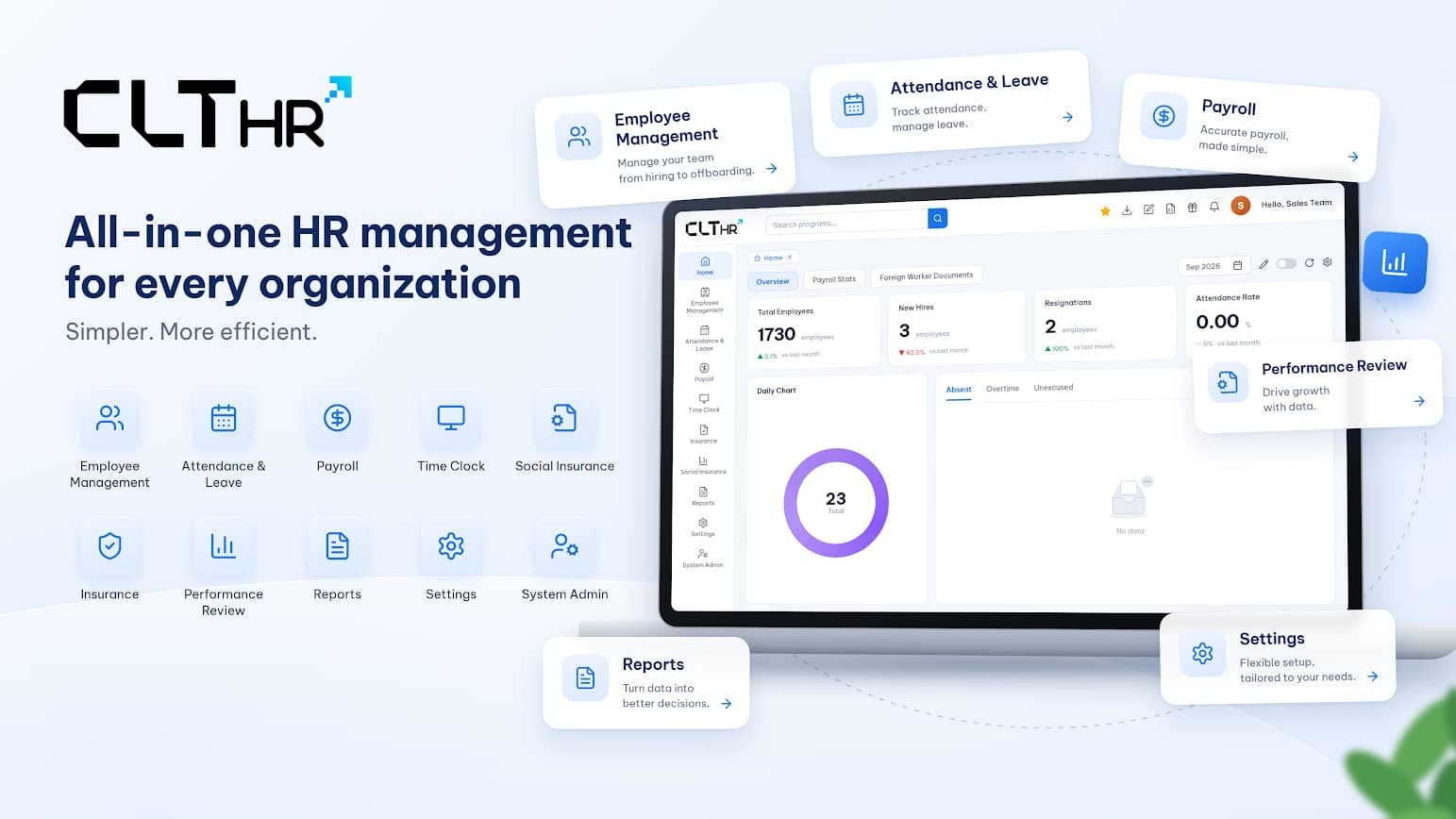 CLT HR interface with employee management, attendance and leave, payroll, performance review, reporting and settings modules